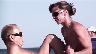 Nudist mature wife sucking and living handjob on naked beach