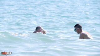 Amazing French blonde MILF double penetrated at the beach