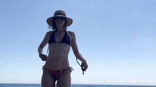 Wife gets fucked on public beach by husband and his friend ending in double creampie
