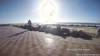 Big ass blonde is having sex on the beach, with many horny guys at the same time