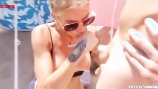 Public slut pleasures group of men on beach