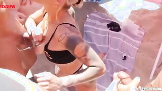 Public slut pleasures group of men on beach