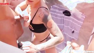 Public slut pleasures group of men on beach